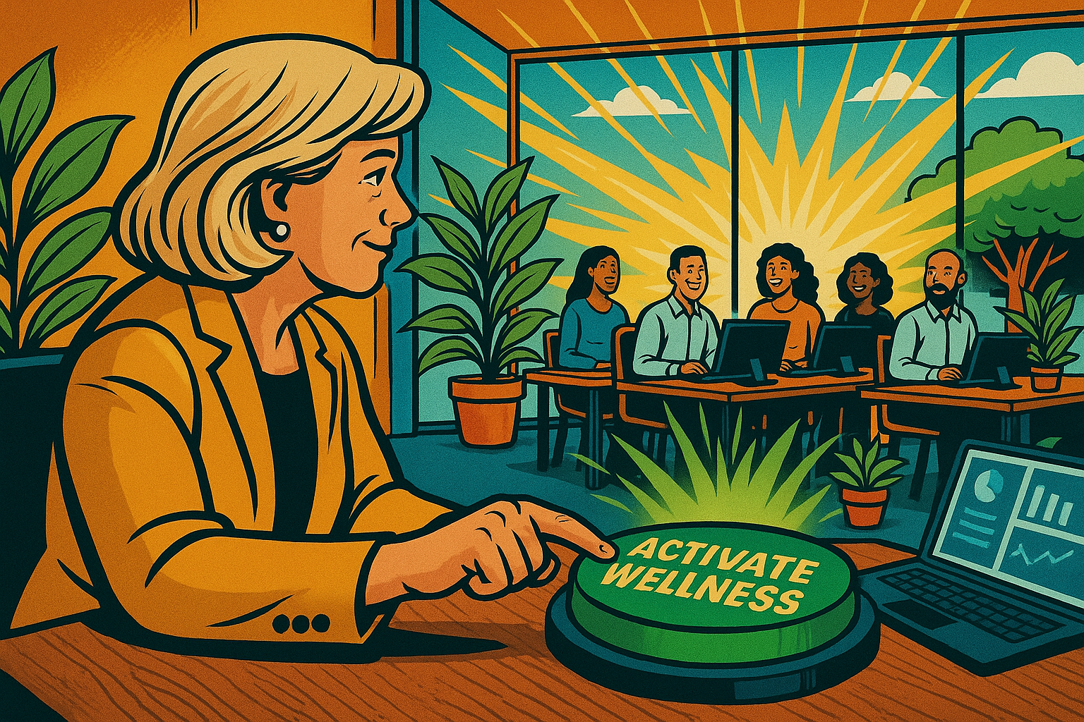 HR leader pressing a green 'Activate Wellness' button while happy employees thrive in a bright, plant-filled office