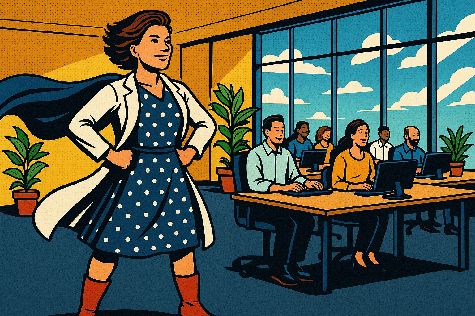 Superhero figure standing confidently beside energized office workers in a sunny, plant-filled workspace